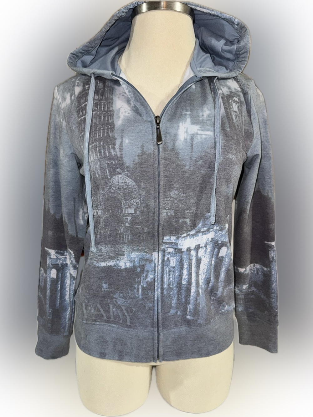 GreenTea Women’s Gray & Blue Scenic Italy Graphic Zip Hooded Jacket size Large